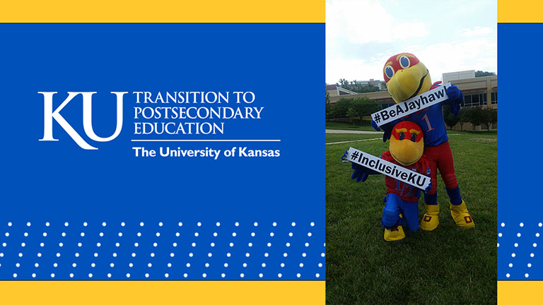 Image of KU TPE logo and Big Jay and Baby Jay holding signs that say #BeAJayhawk and #InclusiveKU.