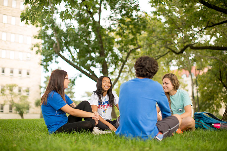 Image of students sitting in the grass on campus.